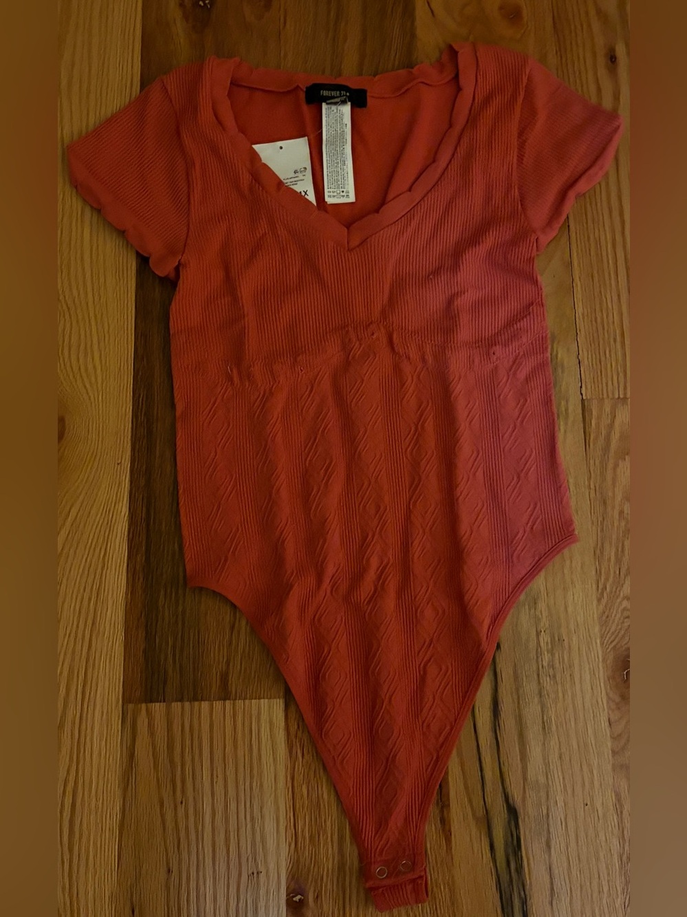 Forever 21 Coral Ribbed V-Neck Short Sleeve Bodysuit